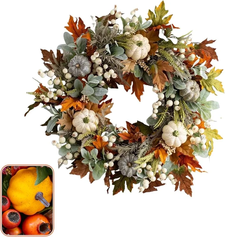 Marke: Generisch 35, 40, 45 cm Herbst-Kürbiskranz für die Haustür – Ernte-Kranz mit Ahornblättern, Tannenzapfen und Beeren – 3 Stile für Halloween, Thanksgiving, Innen- und Außenbereich — Weihnachtsdeko