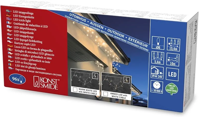 Besuche den Konstsmide-Store Konstsmide LED Dachrinnenlichterkette, Bogenform, 96 bernsteinfarbene Dioden, 24V Außentrafo, weißes Kabel - 2748-802 — Weihnachtsbeleuchtung