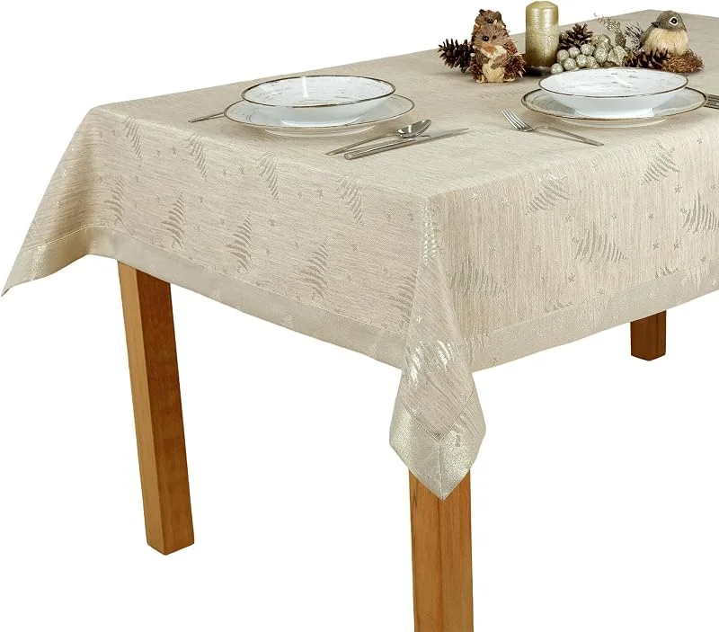 Marke: invitta Tischläufer für Weihnachten 50x90 cm - Edler schmutzabweisender Weihnachtstischläufer mit dekorativer Goldbordüre, Beige mit goldenen Weihnachtsbäumen und Sternen, mit Lotuseffekt — Küche & Haushalt