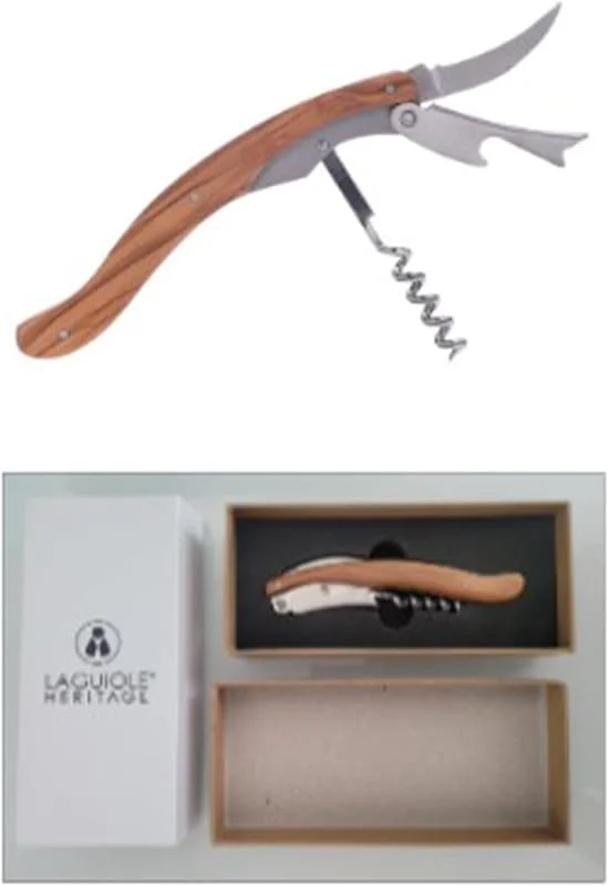 Besuche den LAGUIOLE-Store Laguiole Heritage Sommeliermesser 3-in-1 – Kellnermesser mit Korkenzieher, Kapselschneider & Flaschenöffner – Griff aus echtem Olivenholz – Französisches Design, Silber — Wein und Festtafel