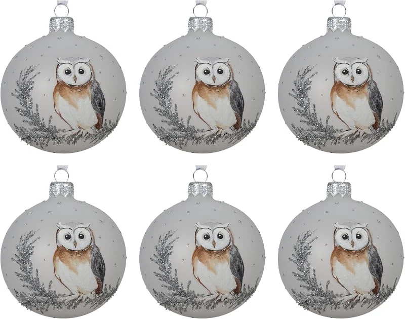 Marke: Kaemingk Kaemingk Weihnachtskugeln Weihnachtsmotive Glas 8cm x 6 Stück Mundeblasen Handbemalt Christbaumkugeln Christbaumschmuck Weihnachtsbaumkugeln Eule Weiß Matt — Weihnachtsdeko
