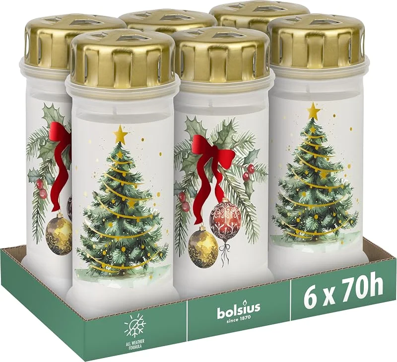 Besuche den bolsius-Store Bolsius - Grablicht nr6 mit Deckel - Weihnachtsmotiv - 6 Stück - Brenndauer 70 Stunden - Ohne Palmöl — Advent und Tisch