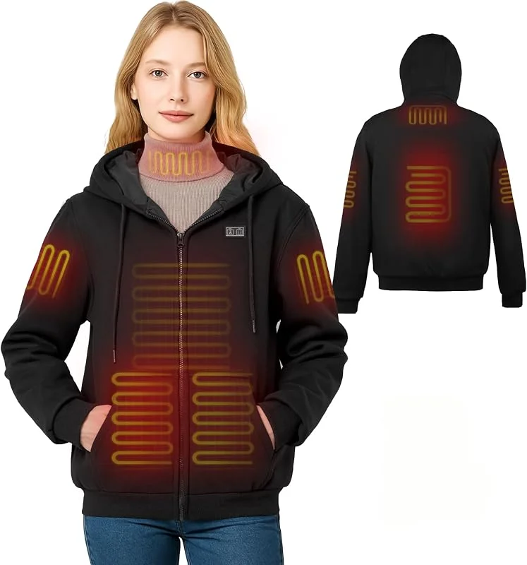 Besuche den Moteoza-Store Beheizbarer Hoodie für Damen mit Fleece-Futter 7.4V Akku & 6 Heizzonen 3 Temperaturstufen Herren-Winter-Sweatshirt-Jacke — Heizkleidung