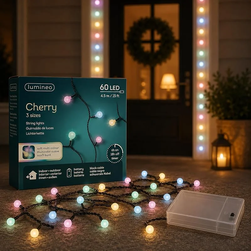Marke: Lumineo LED Lichterkette Cherry 4, 5m Batterie 60 LEDs Soft Bunt, Schwarz — Weihnachtsbeleuchtung