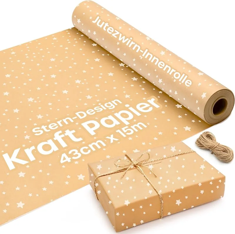 Besuche den volila-Store Geschenkpapier Rolle - 15m x 43cm Geschenkpapier Kraftpapier mit Sterne-Design und 2 Jute Schnüre, Umweltfreundliche Wrapping Paper Für Geschenkkisten & Dekoration — Geschenkverpackung