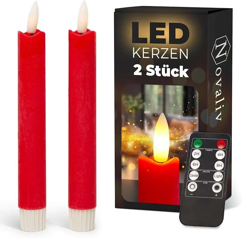 Besuche den Novaliv-Store Novaliv Stabkerzen LED mit Timer ROT 2er indoor mit 6 Stunden Timer - ECHTWACHS 18cm Höhe für Kerzen 2, 2cm Durchmesser 2 AAA Batterien notwendig LED Stabkerzen flackernde Flamme bewegliche Flamme — Kerzenlicht Abendessen