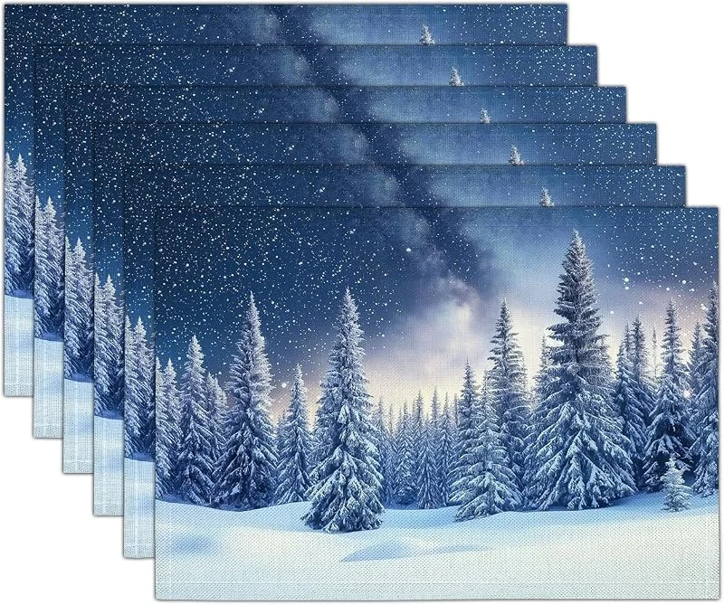 Marke: GDJSMIN 2er Set Weihnachten Platzsets, Gemälde Einer Winternacht Mit Schneeszene Platzset, Sternenhimmel-Muster Hohem Kiefernwald Tischsets für Bankett Platzdeckchen Zuhause Küche Party Deko Weihnachtsdeko — Küche & Haushalt