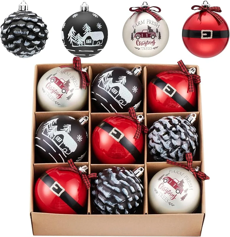 Besuche den Valery Madelyn-Store Valery Madelyn Weihnachtskugel-Ornamente, 9 Karat rot und schwarz, bruchsicher, Weihnachtsbaumschmuck-Set, 7, 9 cm, rustikal, dekoratives Hängeornament, Großpackung für Weihnachten, Urlaub — Weihnachtsdeko