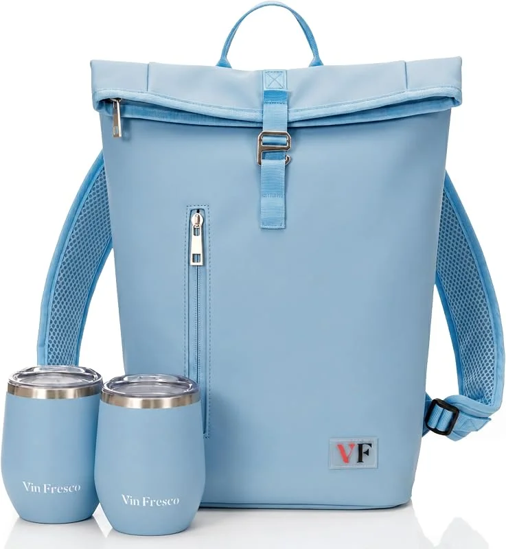 Marke: VIN FRESCO Rolltop Weintasche für zwei Flaschen – Stilvoller Weinrucksack aus PU-Leder mit passenden Bechern – kompakter und leichter Weinträger mit gepolsterten Trägern und Fächern für Reisen & Picknicks — Wein und Festtafel