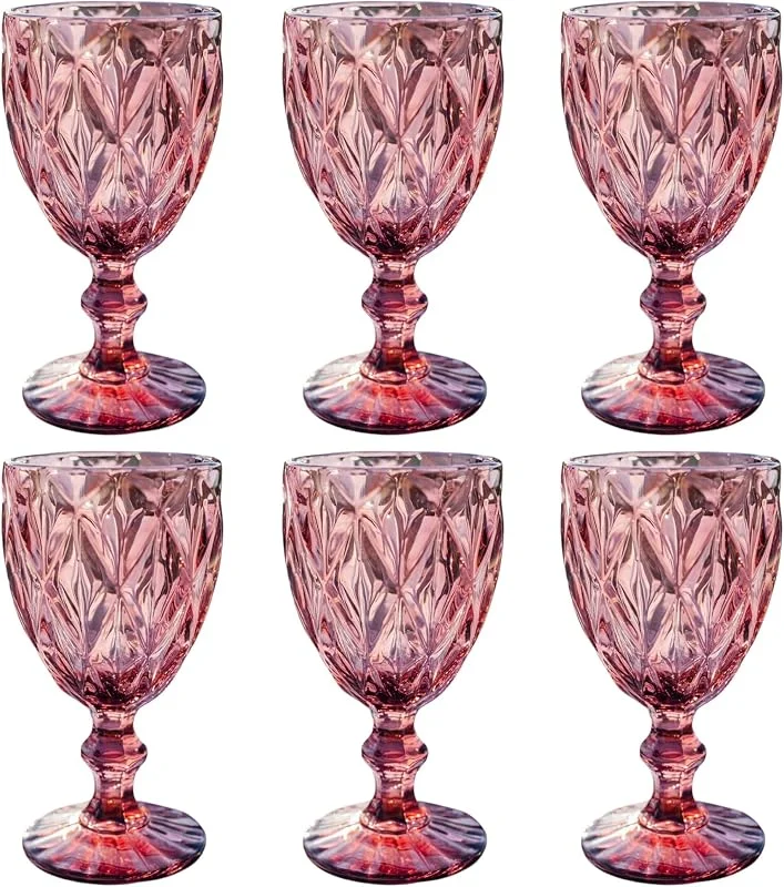Besuche den GMMH-Store Vintage 6er-Set Farbige Weingläser und Trinkgläser mit Diamant Muster (Rombus) Longdrinkgläser, Cocktail Gläser mit Prägung, Glas, Trinkglas, Weinglas, Wasserglas, Glaskelche (Lila Weinglas) — Wein und Festtafel