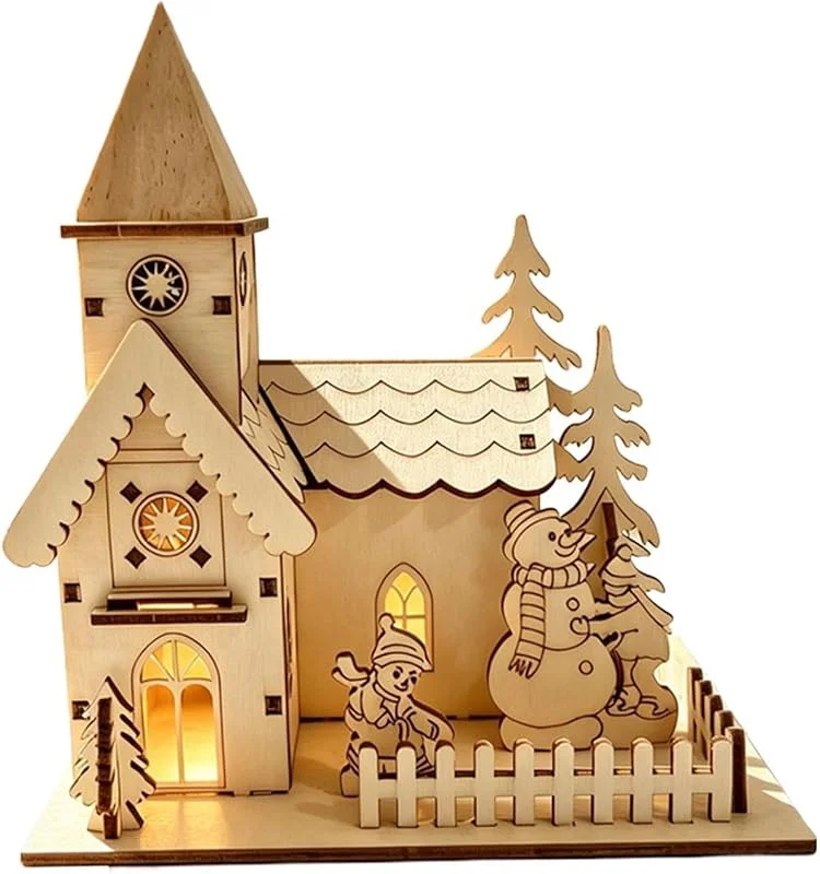 Marke: Generisch Beleuchtetes Weihnachtsdorf, LED, warm, beleuchtet, Holzhüttenhandwerk — Weihnachtsdeko