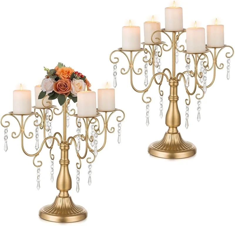 Besuche den Sziqiqi-Store Sziqiqi Kerzenleuchter Kerzenhalter Gold - Kerzenständer 5 Armig mit Kristallperlen für Weihnachten Tisch Centerpiece Hochzeit Kandelaber Dekoration Set von 2 — Kerzenlicht Abendessen