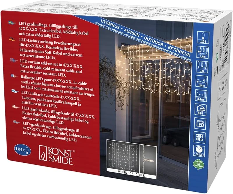 Besuche den Konstsmide-Store Konstsmide Maxi LED kompakt System Erweiterung: Lichtervorhang (nicht kompatibel mit 3656, 3657), 104 warm weiße große Dioden, Außen (IP67), weißes Soft-Kabel - 4731-112 — Weihnachtsbeleuchtung
