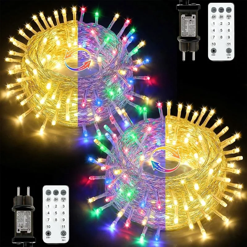 Marke: ZCLIKEU Farbwechsel Lichterkette Außen 10m 100 LEDs mit Fernbedienung, 11 Modi Led Lichterkette Innen Transparentes Kabel mit Stecker Timer für Party Häuser Deko -2 Stück — Weihnachtsbeleuchtung