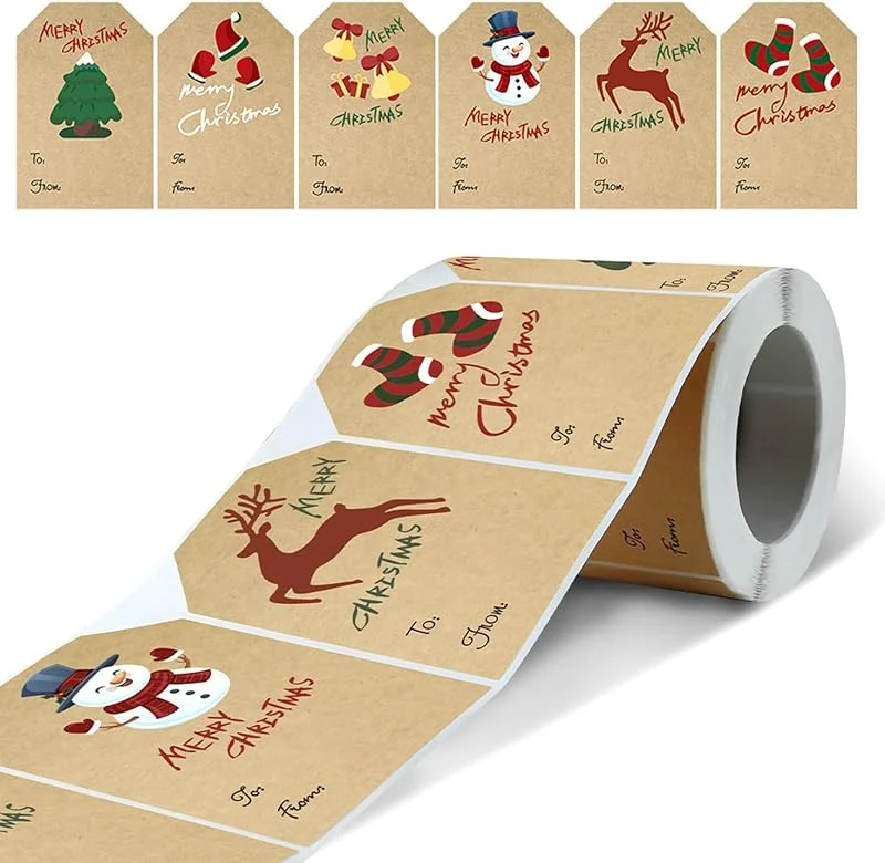 Marke: SMELEYOU Weihnachtsaufkleber Geschenk Tags Aufkleber 250pcs, Roll 2x3 Zoll Sechs Muster Weihnachtsaufkleber -Tags Selbstklebende Weihnachtsetiketten Name Tags für Weihnachtsgeschenk -Umschläge Karten Dekorat — Geschenkverpackung