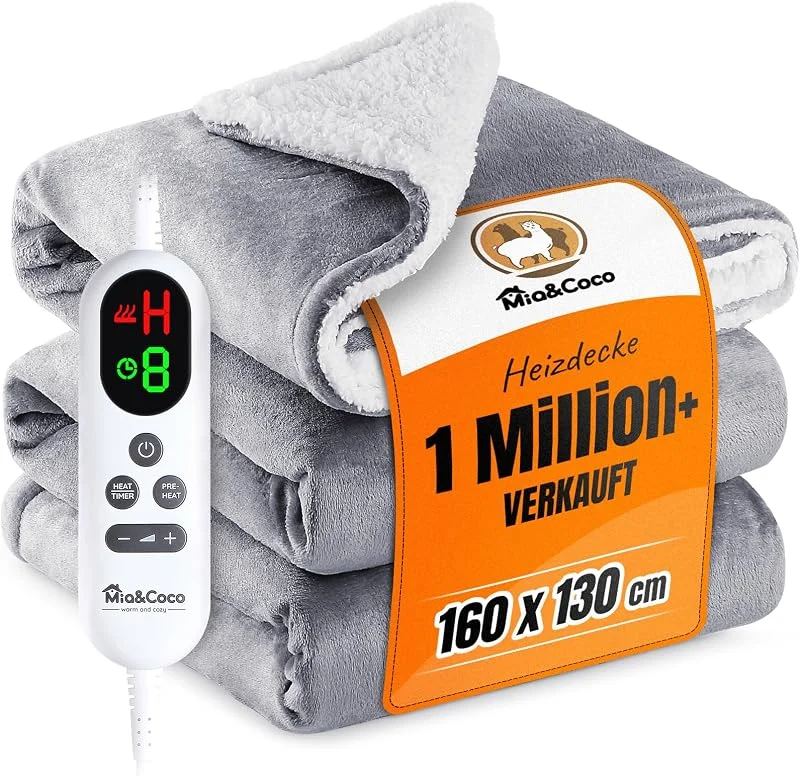 Besuche den Mia&Coco-Store Mia&Coco Heizdecke mit Abschaltautomatik 160x130 cm, 10 Heizstufen, 9 Std. Auto-Off Timer, Überhitzungsschutz, maschinenwaschbar, elektrische Wärmedecke aus Flanell für Bett, Sofa & Wohnzimmer, Grau — Heizung Warmepumpe