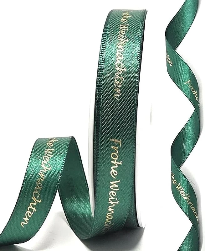 Marke: s.dekoda Schleifenband 25m x 15mm Frohe Weihnachten Grün - Gold Satinband Dekoband Weihnachtsband — Geschenkverpackung