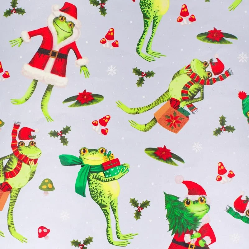Marke: Star Weihnachtsgeschenkpapier 70cm x 2m Rolle Frösche mit Geschenken - Geschenkpapier mit Motiv für Weihnachten - Geschenkpapierrolle mit Weihnachtsmotiv - Weihnachtspapier lustig witzig Silber Grün — Geschenkverpackung