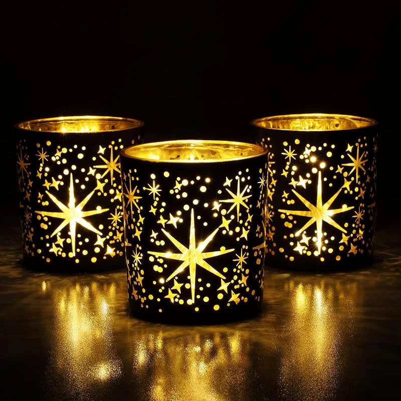 Besuche den Toptime-Store Teelichthalter 3er Set, Schwarz Gold Windlicht Glas für Tischdeko, Stern Muster Kerzenhalter Glas für Klein Teelichter, Romantischer Teelichtgläser für Weihnachten, Geburtstag, Hochzeit, Party — Advent und Tisch