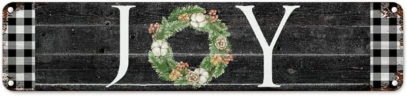 Marke: CowkissSign Vintage Weihnachtskranz Freude Retro Straße Hängeschild Schwarz und Weiß Büffel Karo Metall Blechschild Weihnachtsdekoration Winter Metallschild Qualität Metallschild für Wohnzimmer 45, 7 x 10, 2 cm