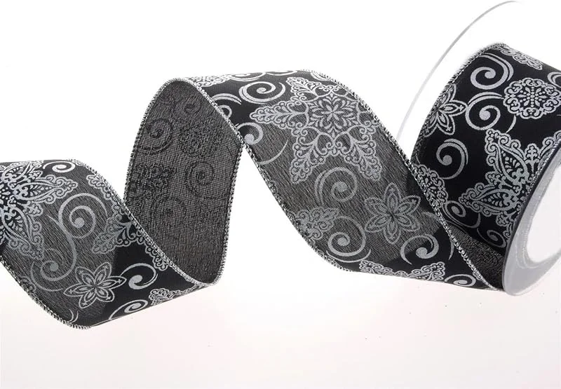 Marke: Deko AS GmbH Dekoband Sterne Weihnachten Geschenkband Ornamentband festlich mit Drahtkante - 50mm Länge 10m Breite - 93133-50-90 (Schwarz-Silber) — Geschenkverpackung