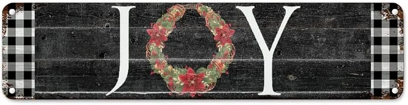 Marke: CowkissSign Vintage Weihnachtskranz Freude Retro Metall Wandschild Schwarz und Weiß Buffalo Karo Plaid Metallschild Willkommen Xmas Winter Metallschild Schild Qualität Metallschild für Veranda 61 x 15, 2 cm — Weihnachtsdeko
