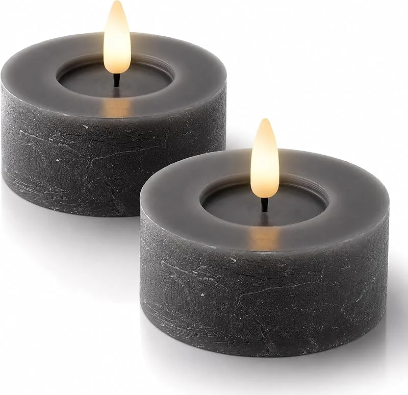 Marke: Lumineo LED Kerze 6x7cm mit Timer Wachs 2 Stück Rustik Grau, Warmweiß — Kerzenlicht Abendessen