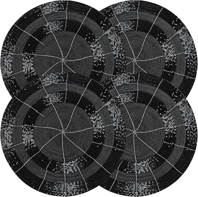 Marke: CLEENTABLE Dekorative Tischsets mit Perlen, handgefertigt, rund, mit glänzenden Glasperlen und Polyester-Rückseite, elegante Essdekoration für besondere Anlässe und den täglichen Gebrauch, Schwarz, 4 Stück — Küche & Haushalt