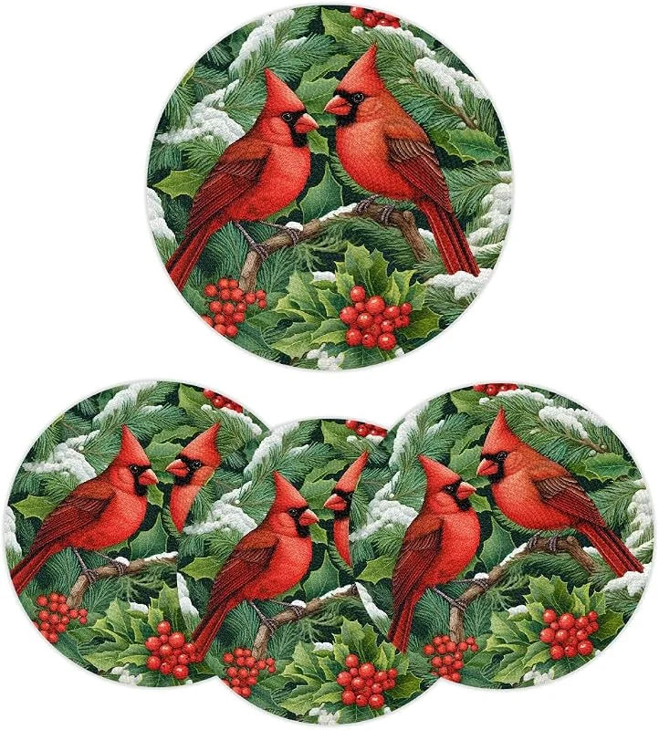 Marke: Mexpekil Mexpekil Platzsets mit Weihnachtsbrauten, Stechpalmenbeerblätter, rund, rutschfest, hitzebeständig, gewebt, für Esstisch, waschbar, Küchentischsets, moderne Dekoration für Hochzeit, Weihnachten, 4 — Küche & Haushalt
