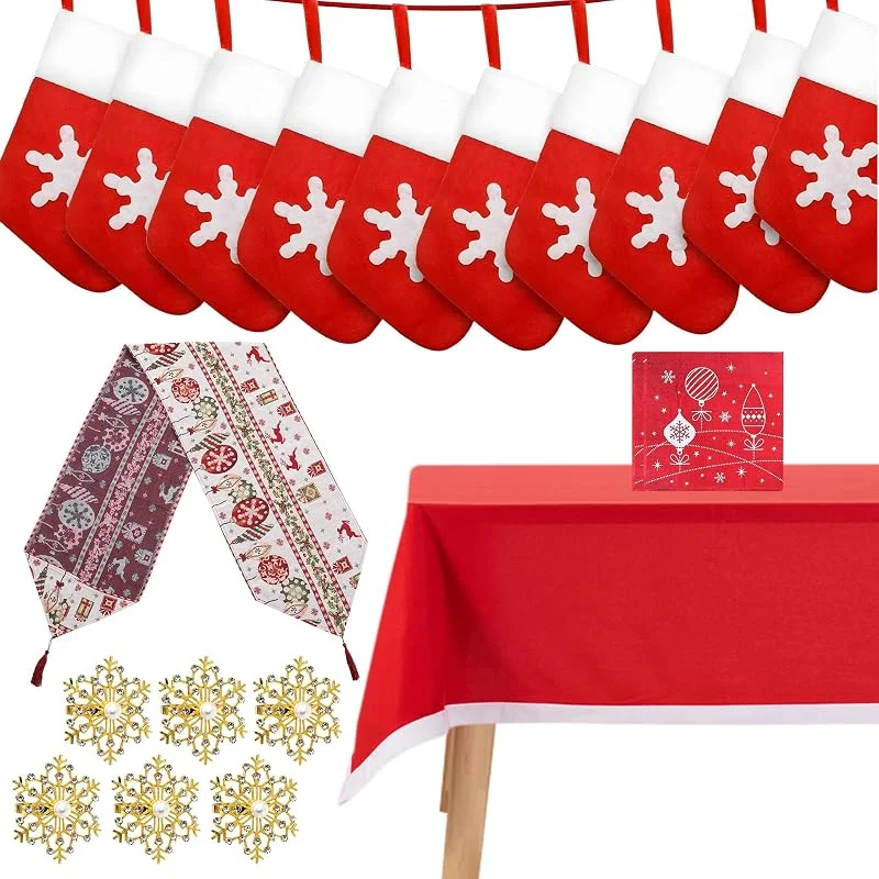 Marke: WedDecor WedDecor Weihnachtsparty-Geschirr-Set, Weihnachtstischdecke, Tischläufer, Weihnachtsmannsockenstrümpfe, goldene Serviettenringe, rote Papierservietten, Geschirrdekoration, Weihnachten, Neujahr — Advent und Tisch