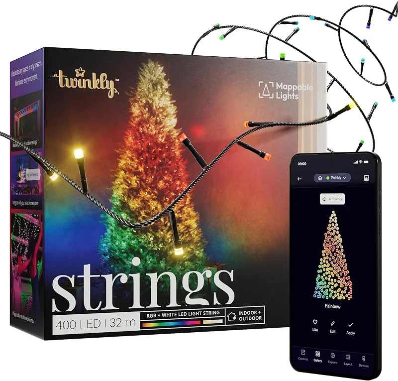 Besuche den Twinkly-Store Twinkly Strings 400 LED RGB+ Weiß, LED-Lichterkette, Smarte LEDs für den Innen- und Außenbereich, Kompatibel mit Alexa und Google Home, IP44, App-Steuerung, Schwarzes Kabel, 32m — Weihnachtsbeleuchtung