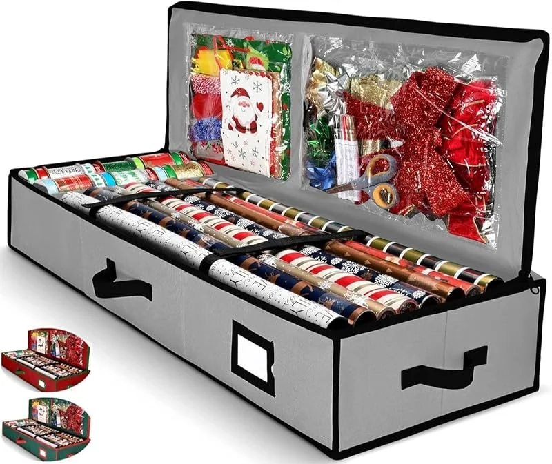 Marke: Homior Geschenkpapier-Organizer, Weihnachts-Geschenkpapier-Aufbewahrungstasche mit nützlichen Taschen für Weihnachtszubehör, passend für bis zu 24 Rollen, Unterbett-Aufbewahrung für Urlaubsdekorationen — Geschenkverpackung