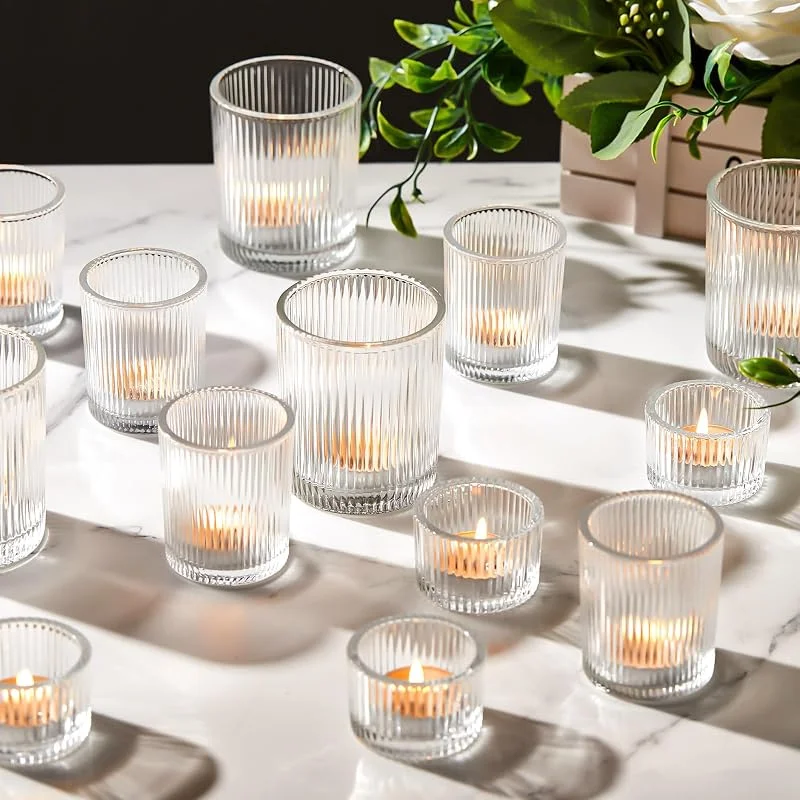 Marke: Mumufy Mumufy 24 Stück sortierte Votivkerzenhalter, geripptes Glas, Teelichthalter, Großpackung für Tischdekoration, Babyparty, Zuhause und Hochzeit, Party-Dekoration (transparent) — Kerzenlicht Abendessen