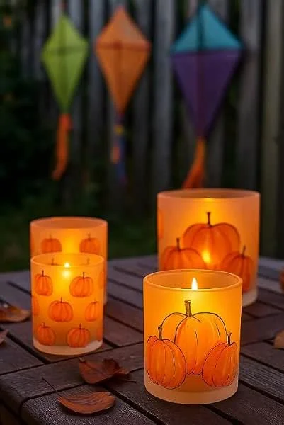 Marke: RiloStore 4er Set Windlichter Kürbis 10cm und 8cm Geschenkset b8480 Herbstdeko Kürbisse Halloween Tischdeko Windlicht Gras herbstliche Deko — Kerzenlicht Abendessen