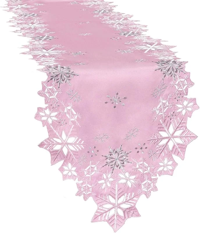 Marke: Simhomsen Simhomsen Tischläufer mit Schneeflocken, bestickt, für Weihnachten, Urlaub und Winter, Rosa, 35, 6 x 175, 2 cm — Küche & Haushalt