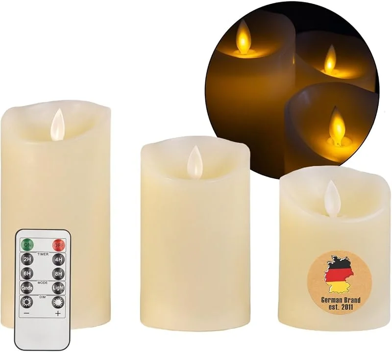 Besuche den INTIRILIFE-Store INTIRILIFE 3x Kerzen flammenlose LED Kerzen aus Wachs in Weiß - 7.5 x 15, 12.5, 10 cm - Stumpenkerze mit Fernbedienung batteriebetrieben Deko Idee Warmlicht Kerzenlicht — Kerzenlicht Abendessen