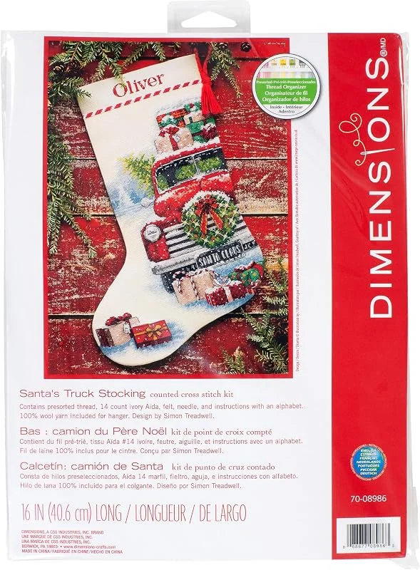 Marke: Dimensions Dimensions 70-08986 Santa's Truck Counted Cross Stitch Christmas Stocking, Count Ivory, 16" Long Weihnachtsstrumpf mit Kreuzstich, Motiv: Weihnachtsmann, Stoff, Wolle, 14 elfenbeinfarbene Aida — Weihnachtsdeko