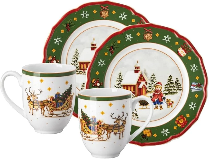 Besuche den Hutschenreuther-Store Hutschenreuther grünes Happy Wintertime Christmas Set, Porzellan, Weihnachtsdekoration, Mehrfarbig, 4-teiliges Set mit 2 Weihnachtstassen und 2 Tellern, mikrowellen- und spülmaschinenfest — Advent und Tisch