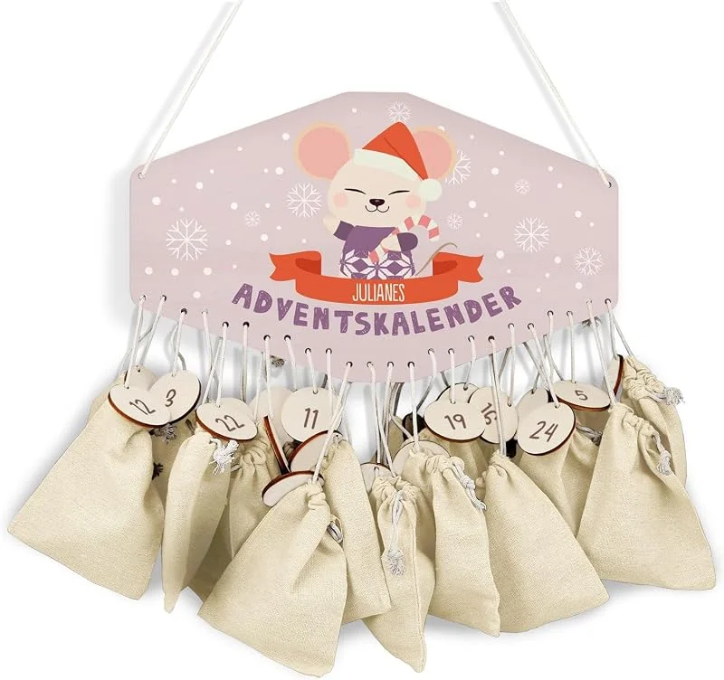 Besuche den GRAVURZEILE-Store GRAVURZEILE Adventskalender aus Holz - Wintertiere - Personalisiert mit Namen - DIY Adventskalender für Kinder - Optional mit Leinensäckchen - Weihnachtsdeko für Kinderzimmer - Farbe: Maus — Advent und Tisch