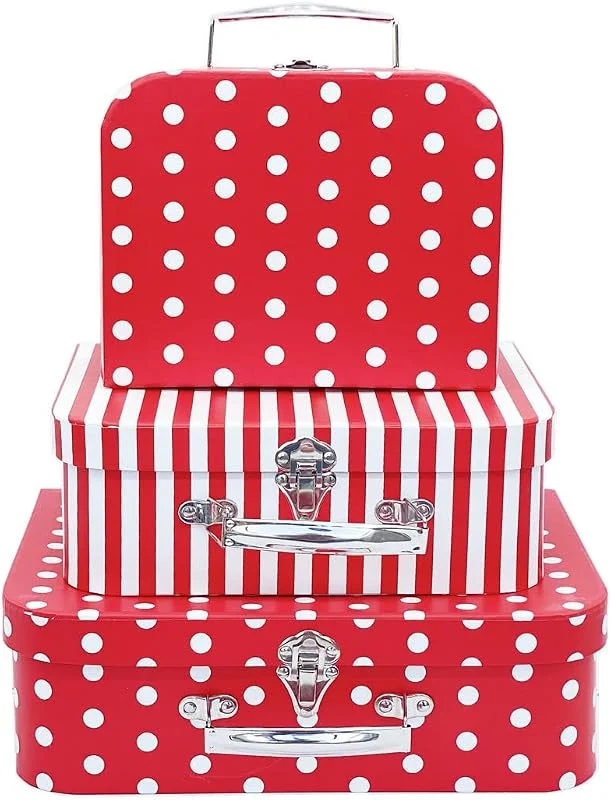 Marke: Amedoo Pappkoffer, 3er Set dekorative Aufbewahrungsboxen mit Deckel, Pappboxen, Weihnachten oder Neujahr, Dekoration Displays (rote Punkte und Streifen) — Geschenkverpackung