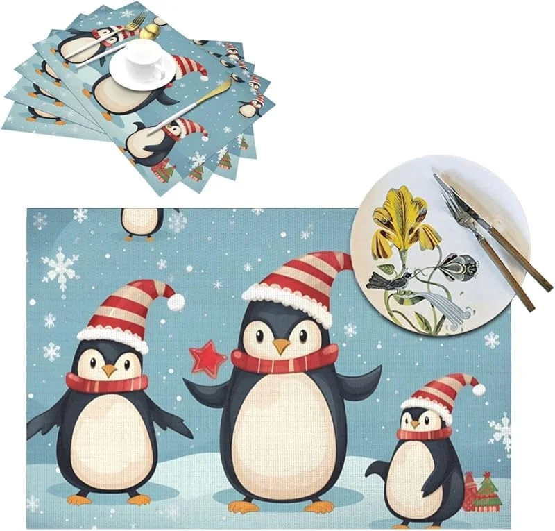 Marke: RLDOBOFE Tischsets 1 Esstisch Platzsets Weihnachten Pinguine rutschfest PVC Tischmatte Hitzebeständig Gewebt Platzset für Küche Abwaschbar Tisch Tischsets für Couchtisch Outdoor — Küche & Haushalt