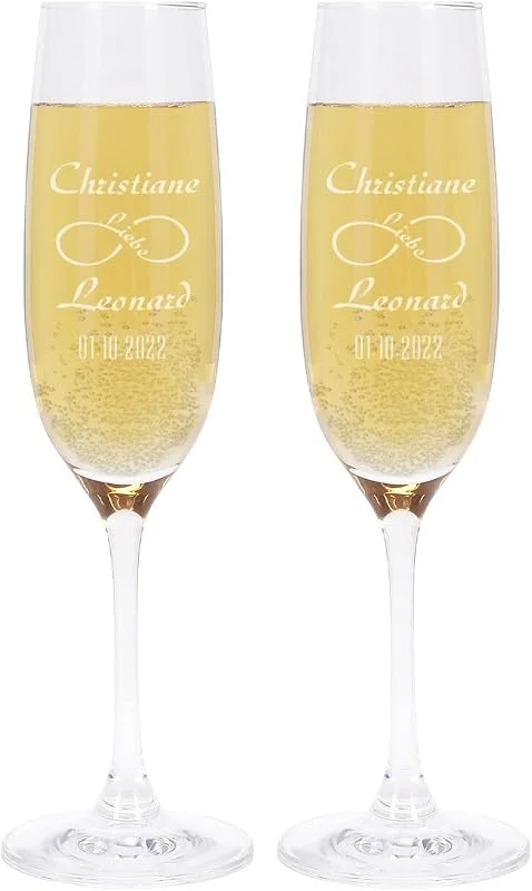 Besuche den Herz & Heim-Store Leonardo 2 Sektgläser zur Hochzeit mit Gravur der Namen und Endless Love Unendlichkeitszeichen — Wein und Festtafel