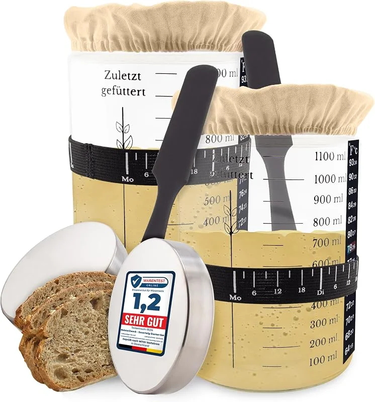 Besuche den MEISTERZWECK4U-Store Sauerteig Starter 2er Set, 1100ml Gärglas, Sauerteig Glas Behälter zum Brot backen - mit Stoffabdeckung, Thermometer, Fütterungsband, Schaber & Aluminiumdeckel - Zubehör für Brot backen — Weihnachtskueche