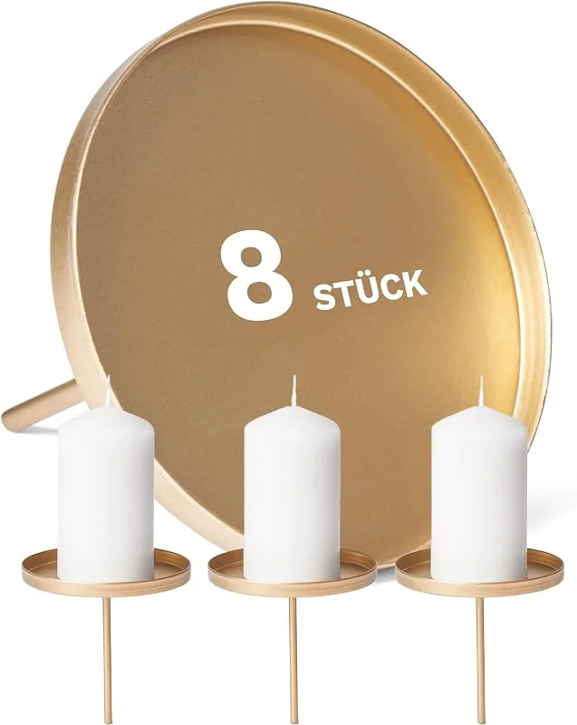 Besuche den Novaliv-Store Novaliv 8X Kerzenpick Flach Gold 8cm Durchmesser I Kerzenteller mit Dorn I Adventskerzenhalter Weihnachtsdekoration Kerzenpin I Kerzenstecker für Adventskranz — Kerzenlicht Abendessen