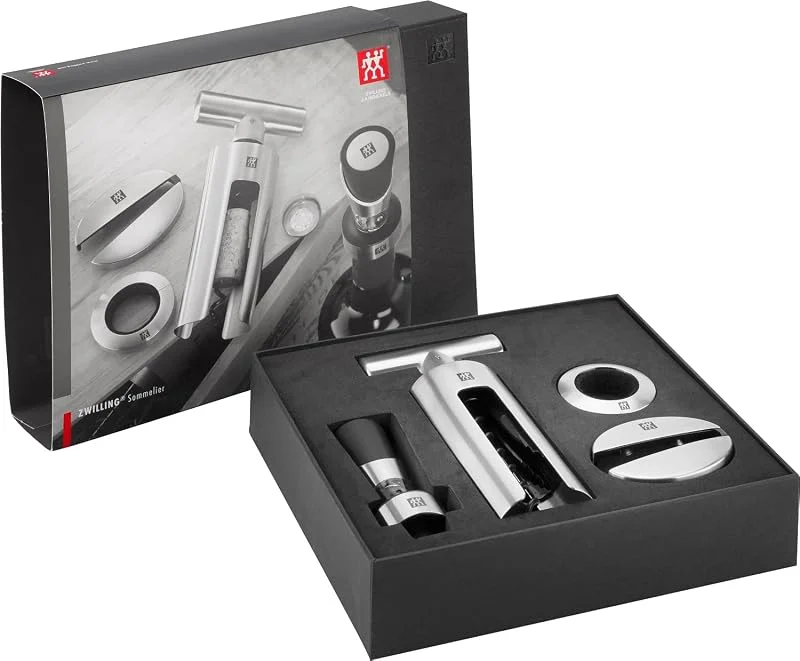 Besuche den ZWILLING-Store ZWILLING Sommelier Geschenk-Set 4-teilig, mit Folienschneider, Tropfenfänger, Weinausgießer und Korkenzieher, rostfreier Edelstahl, Silber — Wein und Festtafel