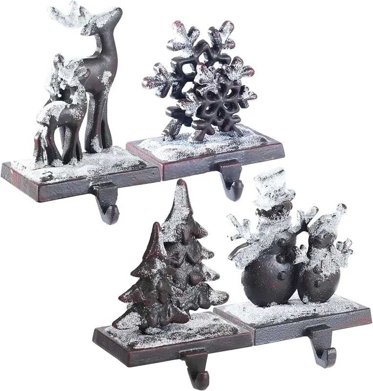 Marke: Kersiki Weihnachtsstrumpfhalter aus Gusseisen, Set mit 4 Strumpfhaltern, Set für Kamin, doppelte Schneeflocke, Schneemann, Rentier, Weihnachtsbaum, Strumpfaufhänger, Metall-Kaminhaken — Weihnachtsdeko