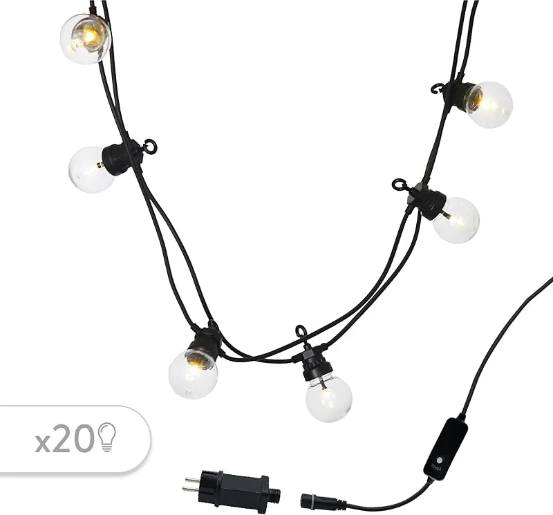 Besuche den Lumisky-Store Lichterkette Solar und Netzanschluss, 40 transparente LED-Leuchtmittel, warmweiß, Party Clear, 20 m, Länge 14, 4 m — Weihnachtsbeleuchtung