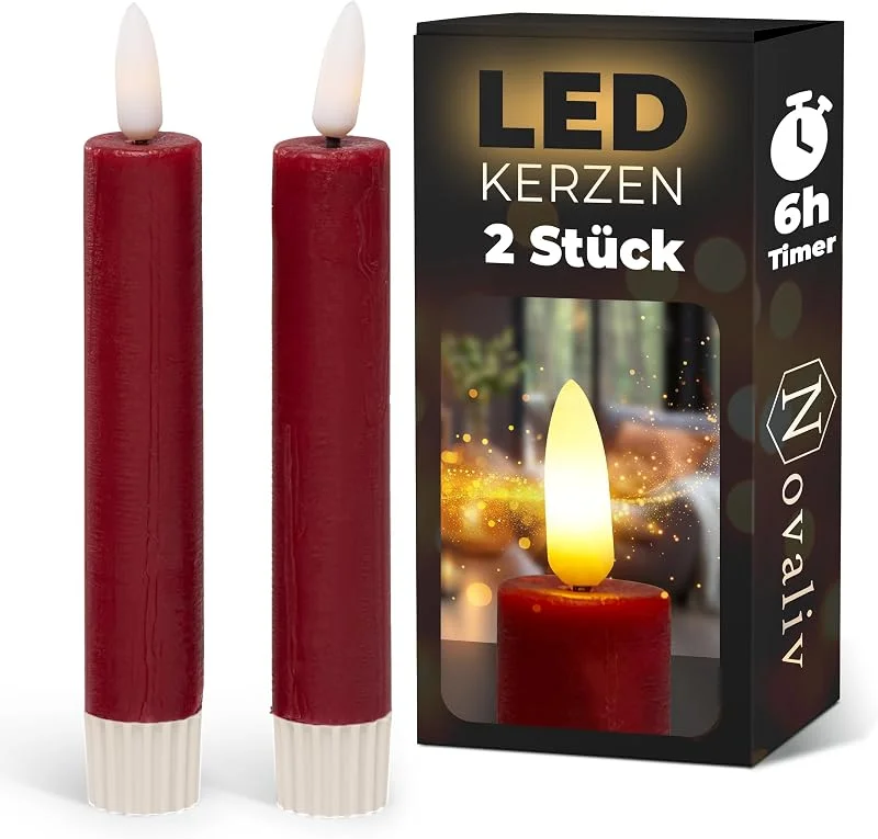 Besuche den Novaliv-Store Novaliv Stabkerzen LED mit Timer ROT 2er Indoor mit Timer Funktion 6 Stunden ECHTWACHS 15cm Höhe für Kerzen 2, 2cm Durchmesser 2 AAA Batterien LED Stabkerzen flackernde Flamme bewegliche Flamme — Advent und Tisch