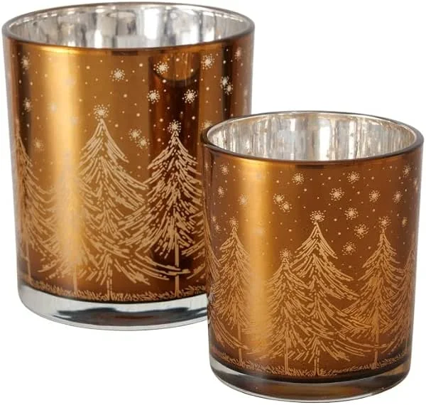 Marke: RiloStore 2 STK Windlichter Tannenbäume braun Gold b535 Kerzenhalter Dekohäuser Shabby Chic Weihnachtsdeko matt Geschenk Teelichthalter Windlicht Set Weihnachten — Kerzenlicht Abendessen