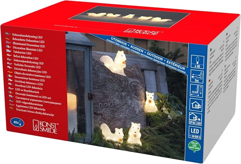 Besuche den Konstsmide-Store Konstsmide LED Acryl Eichhörnchen, 5er-Set, klar, 24V, Aussen (IP44), 40 warm weiße Dioden, weißes Kabel - 6287-103 — Weihnachtsbeleuchtung